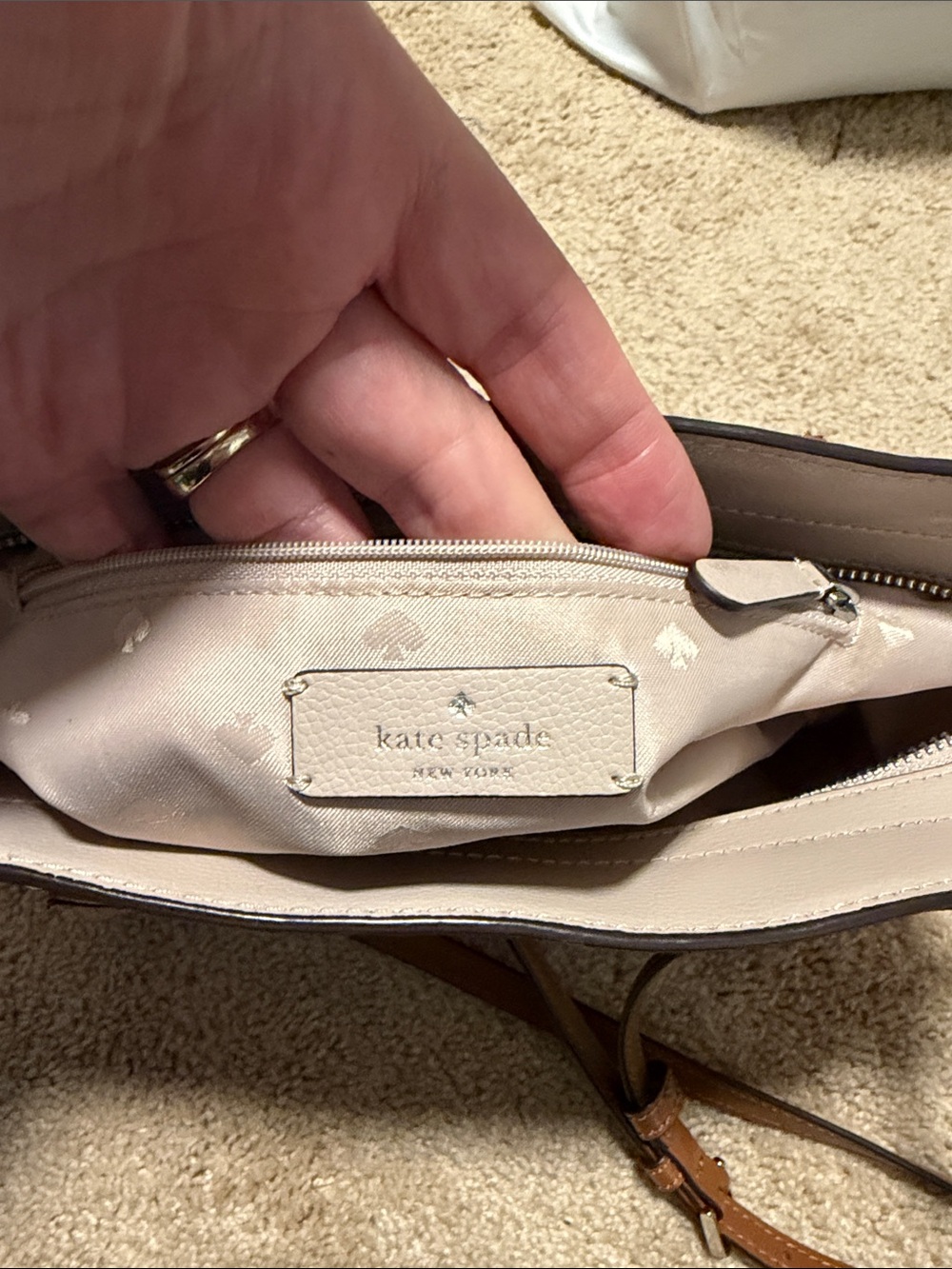 Kate Spade Cream, Peach & Brown Leather Satchel with crossbody strap - Picture 9 of 16